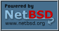 Graphic of the text 'Powered by NetBSD www.netbsd.org' the 't' in Net is elongated horizontally and ends with a demon style arrow