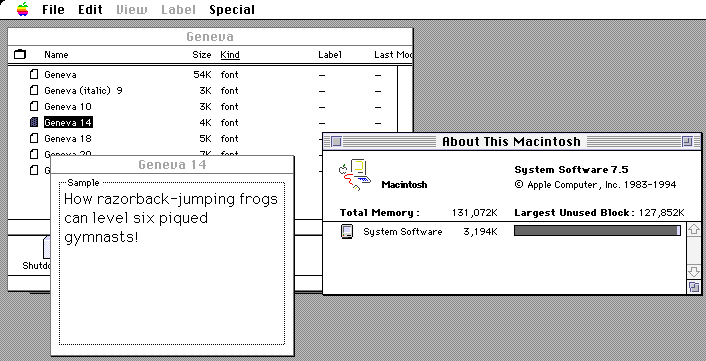 Screenshot of System 7.5.3 showing a preview of the Geneva font using the pangram above.